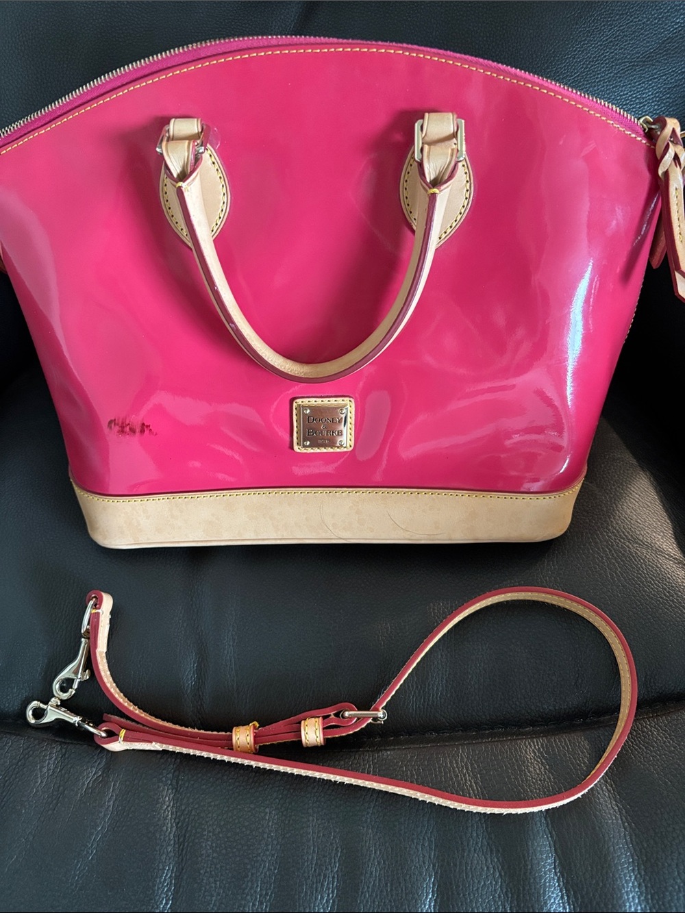 Dooney & Burke Hot Pink Patent Purse With Tan Trim - Picture 10 of 14